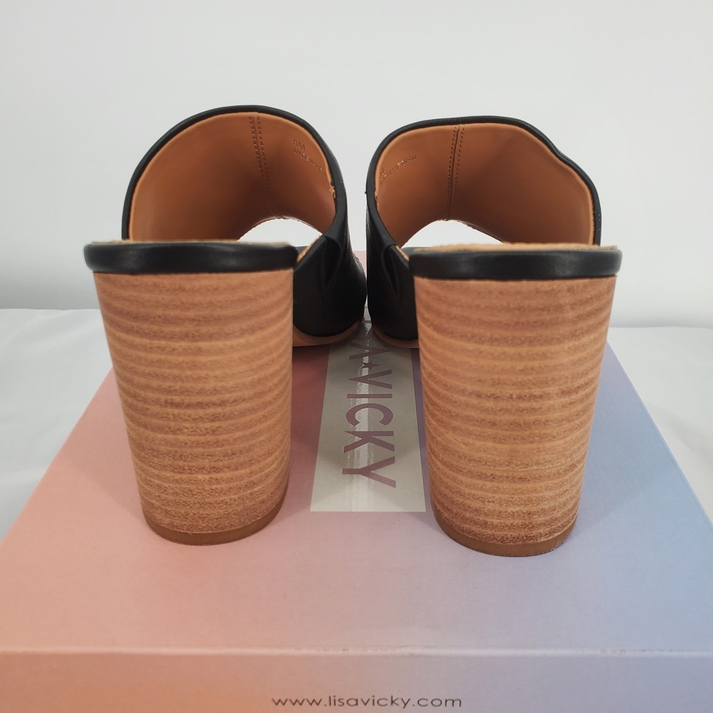 Lisa Vicky Virtue V Black Leather Block Heel Mules Square Toe Sandals Womens 7 M - Picture 4 of 8